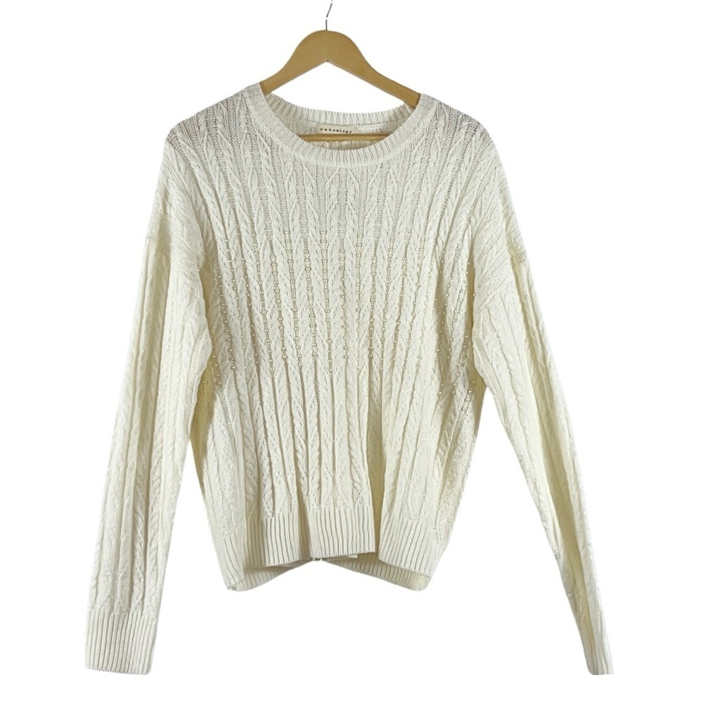 Retrology  cream cable- knit crew neck sweater with pearl embellishments. - Picture 12 of 14